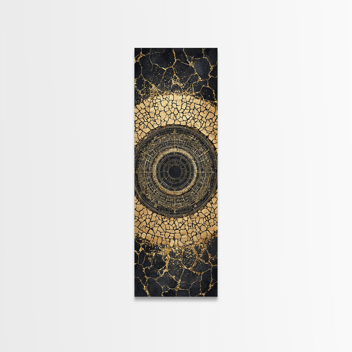 Cracked Gold Circular Mandala On Black Stone Wall Art, Geometric Canvas Print, African Inspired Decor, Bold Statement Gift
