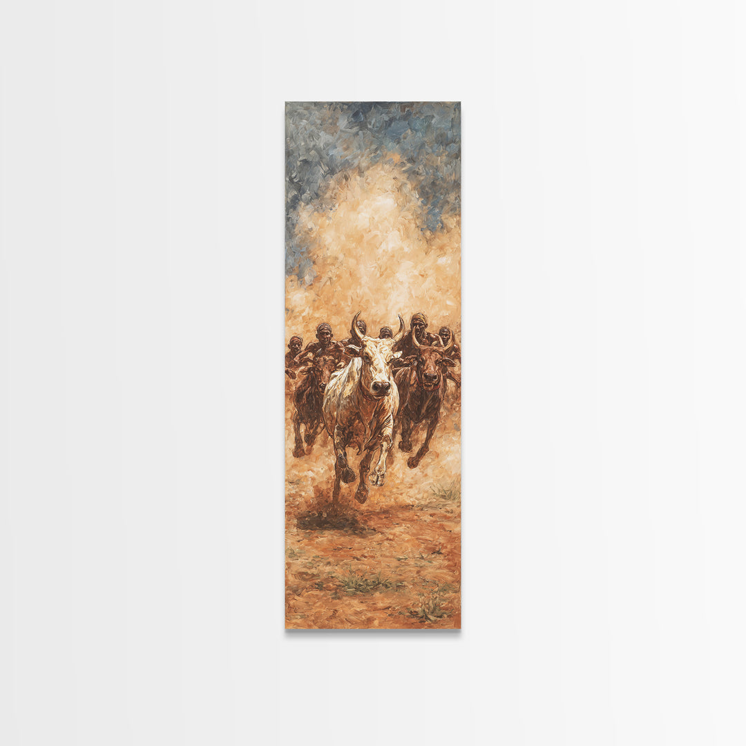 Dusty African Cattle Charge With Warriors Wall Art, Afrocentric Safari Painting, Tribal Culture Decor, Large Canvas Print