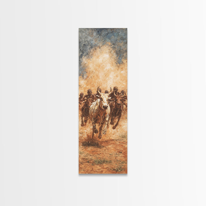 Dusty African Cattle Charge With Warriors Wall Art, Afrocentric Safari Painting, Tribal Culture Decor, Large Canvas Print
