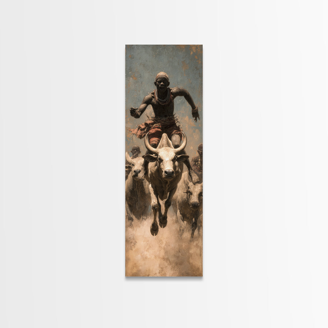 African Bull Rider Herding Cattle Framed Canvas Print, Warrior Portrait Wall Art, Afrocentric Safari Decor, Rustic Home Gift