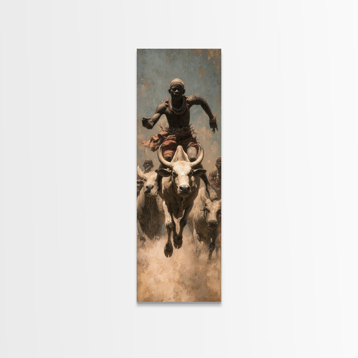 African Bull Rider Herding Cattle Framed Canvas Print, Warrior Portrait Wall Art, Afrocentric Safari Decor, Rustic Home Gift