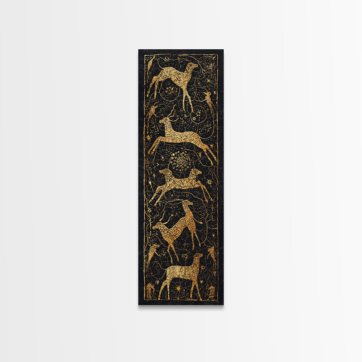 Gold Giraffe And Antelope Tribal Pattern Canvas Print, African Safari Wall Art, Black Gold Decor, Ethnic Textile Inspired Style