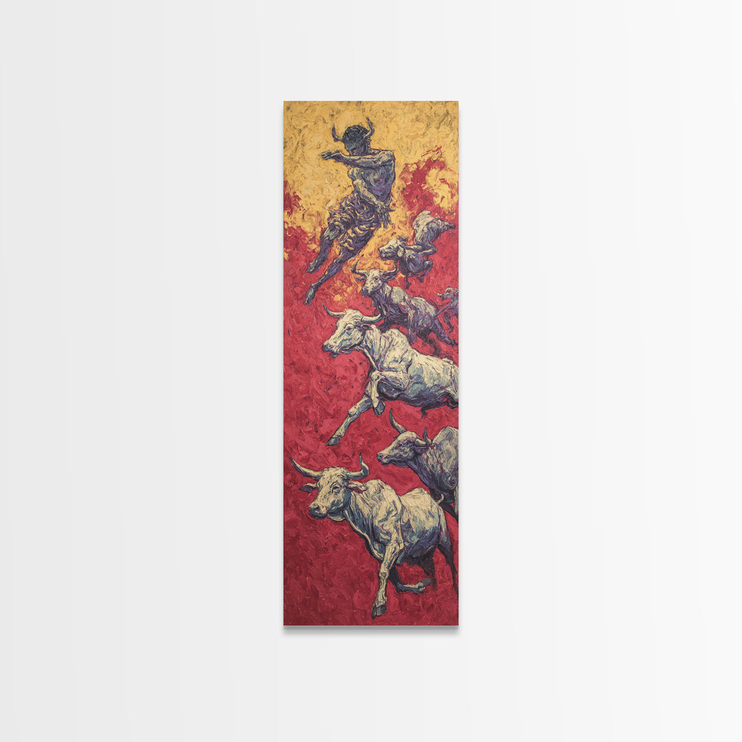 Leaping Bull Rider Over White Cattle Wall Art, African Warrior Art Canvas Print, Red Ochre Safari Decor, Bold Ethnic Gift