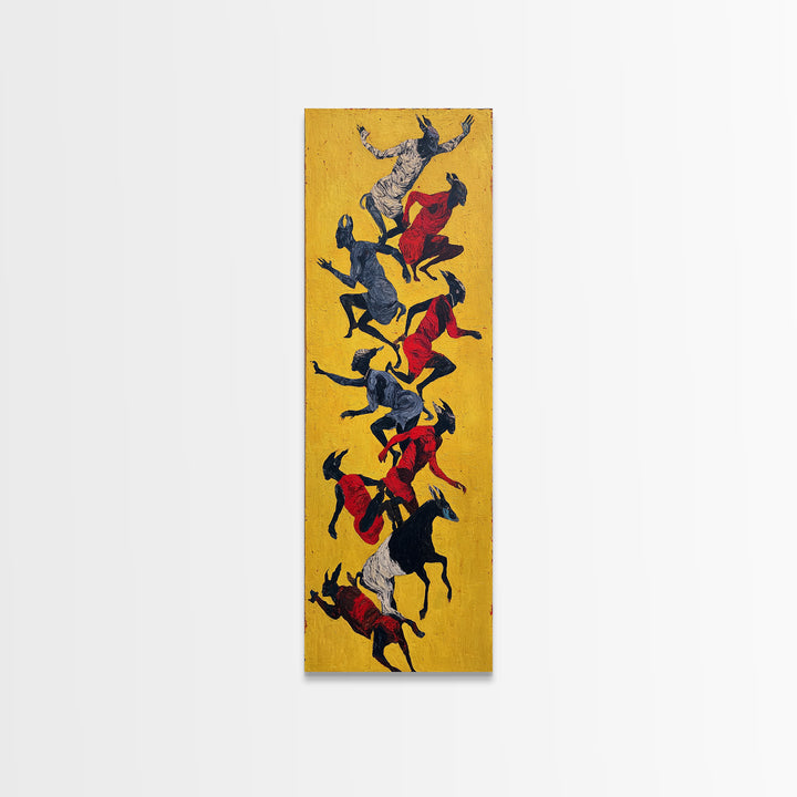 Yellow Abstract Dancers And Goats Canvas Print, African Tribal Art Wall Art, Red Black Ethnic Decor, Modern Culture Gift