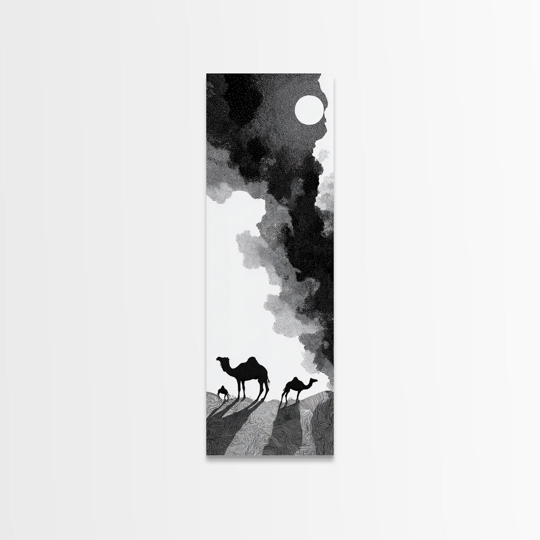Black And White Desert Camels Under Sun Wall Art, African Landscape Canvas Print, Minimalist Safari Decor, Boho Travel Gift