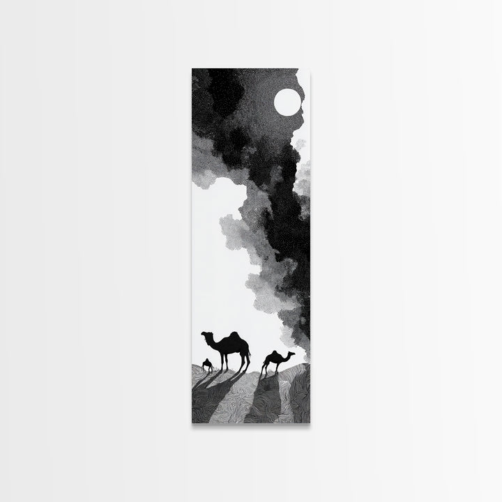 Black And White Desert Camels Under Sun Wall Art, African Landscape Canvas Print, Minimalist Safari Decor, Boho Travel Gift