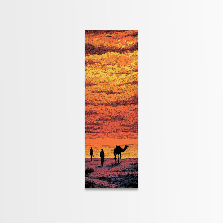 Orange Sahara Sunset With Camel Silhouettes Canvas Print, African Landscape Wall Art, Desert Travel Decor, Warm Boho Gift