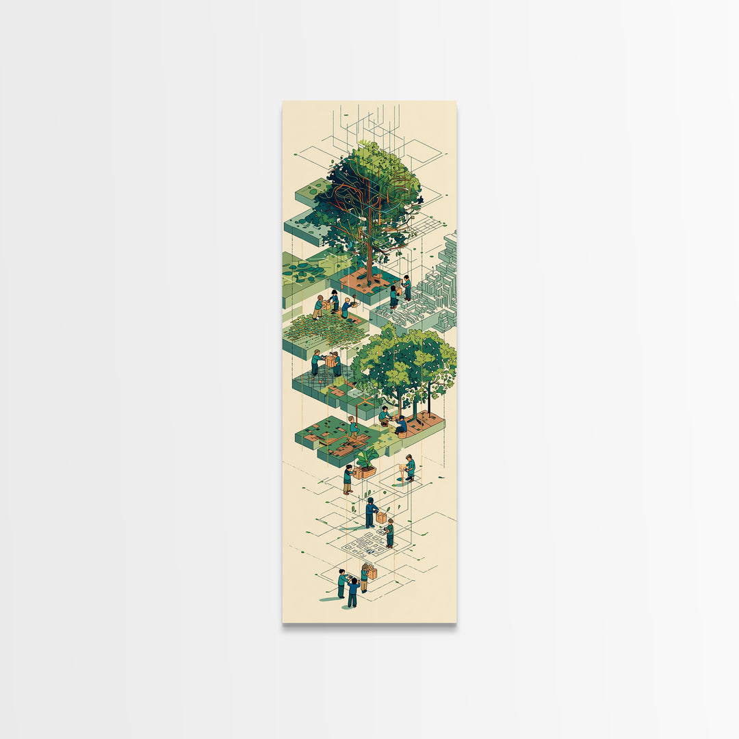 Isometric Urban Garden And Big Tree Wall Art, Community Park Illustration, Modern Green Home Decor, Unique Canvas Gift For Office
