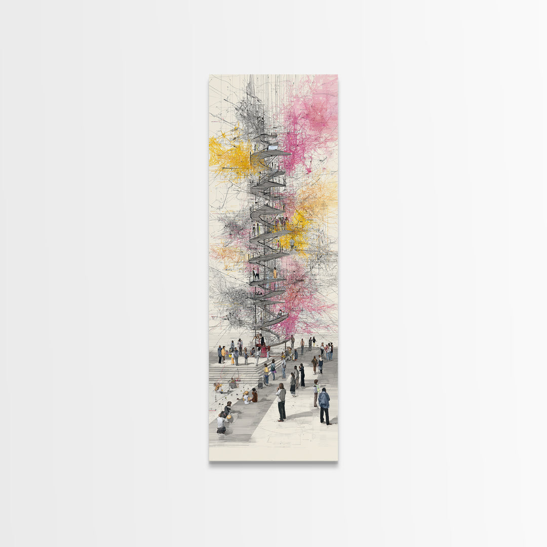 Spiral Tower In Blooming City Framed Canvas Print, Architectural Wall Art, Urban People Scene, Modern Office Decor Gift For Him