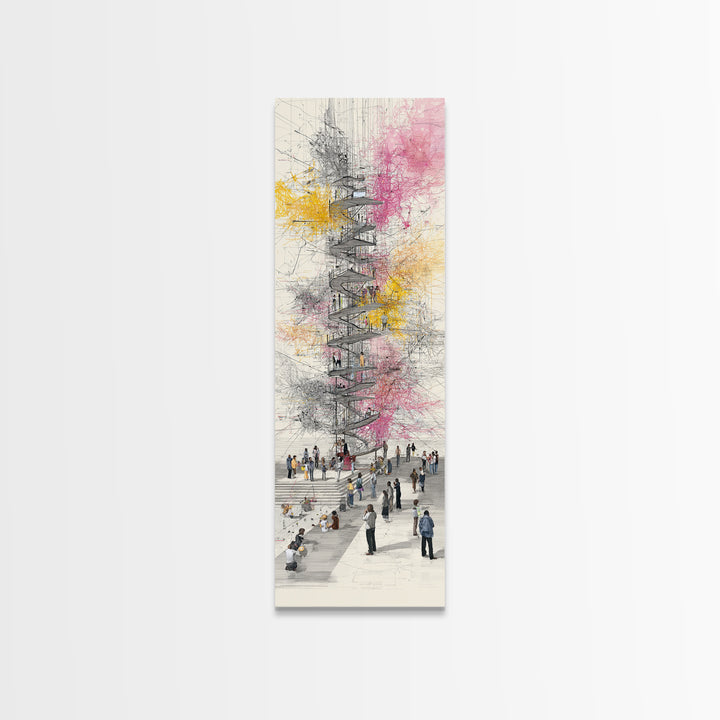 Spiral Tower In Blooming City Framed Canvas Print, Architectural Wall Art, Urban People Scene, Modern Office Decor Gift For Him