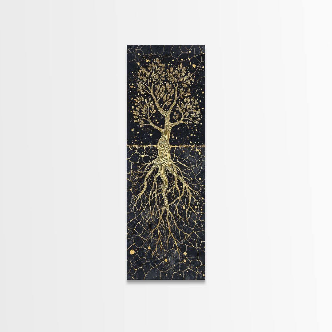 Golden Rooted Tree Of Life Framed Canvas Print, African Abstract, Black And Gold Art, Spiritual Wall Decor, Statement Piece