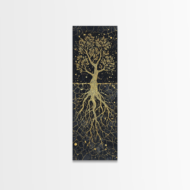Golden Rooted Tree Of Life Framed Canvas Print, African Abstract, Black And Gold Art, Spiritual Wall Decor, Statement Piece