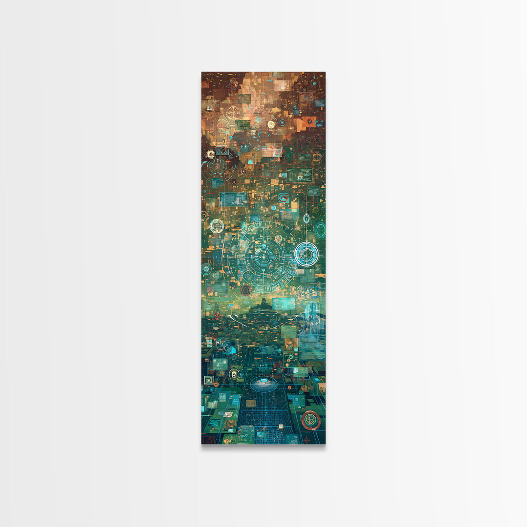 Futuristic Teal Gold Circuit City Wall Art, Afrofuturism Decor, Abstract African Art Print, Modern Canvas Office Decor Gift