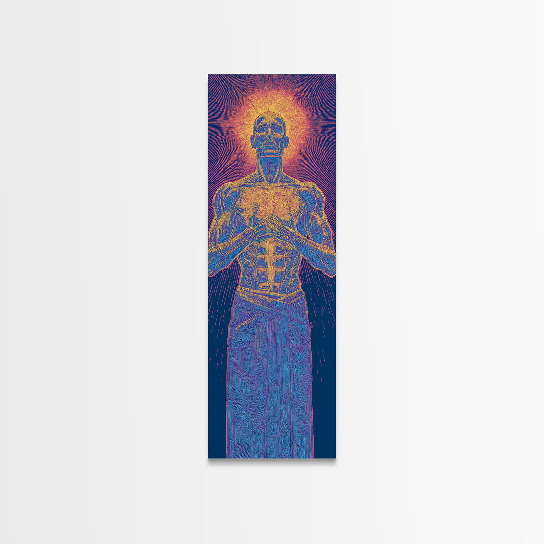 Glowing Anatomical Prayer Male Energy Figure Canvas Print, Spiritual Wall Art, Abstract Black Art, Meditation Room Decor Gift