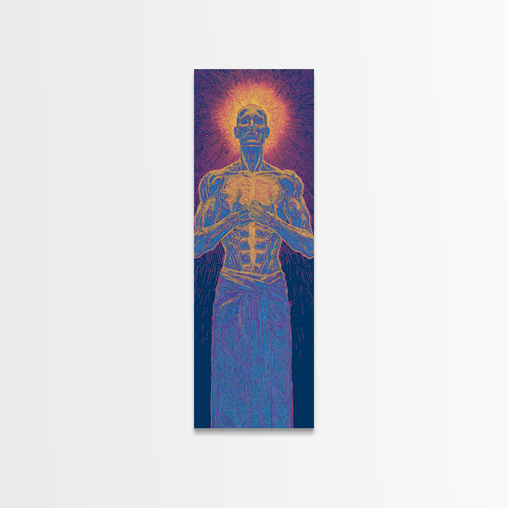 Glowing Anatomical Prayer Male Energy Figure Canvas Print, Spiritual Wall Art, Abstract Black Art, Meditation Room Decor Gift