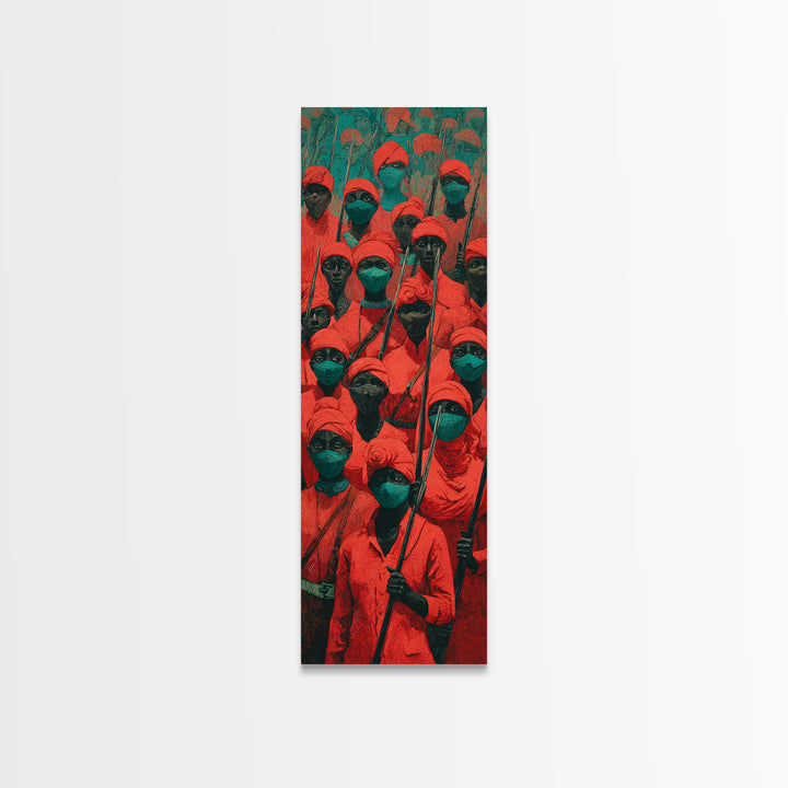 Red Hooded Spear Bearers Procession Wall Art, African Warrior Art, Tribal Decor, Cultural Wall Decor, Bold Canvas Print Gift