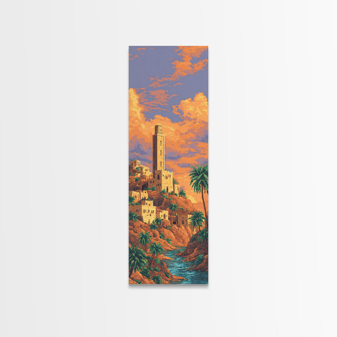 Sunset Desert Tower Oasis Canvas Print, African Landscape Wall Decor, Moroccan Travel Poster, Palm Tree Boho Home Decor Gift