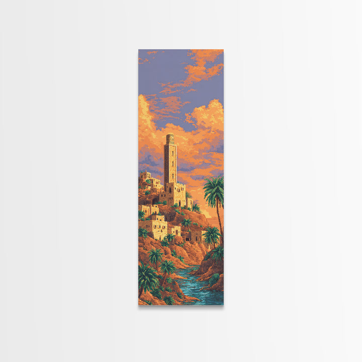 Sunset Desert Tower Oasis Canvas Print, African Landscape Wall Decor, Moroccan Travel Poster, Palm Tree Boho Home Decor Gift