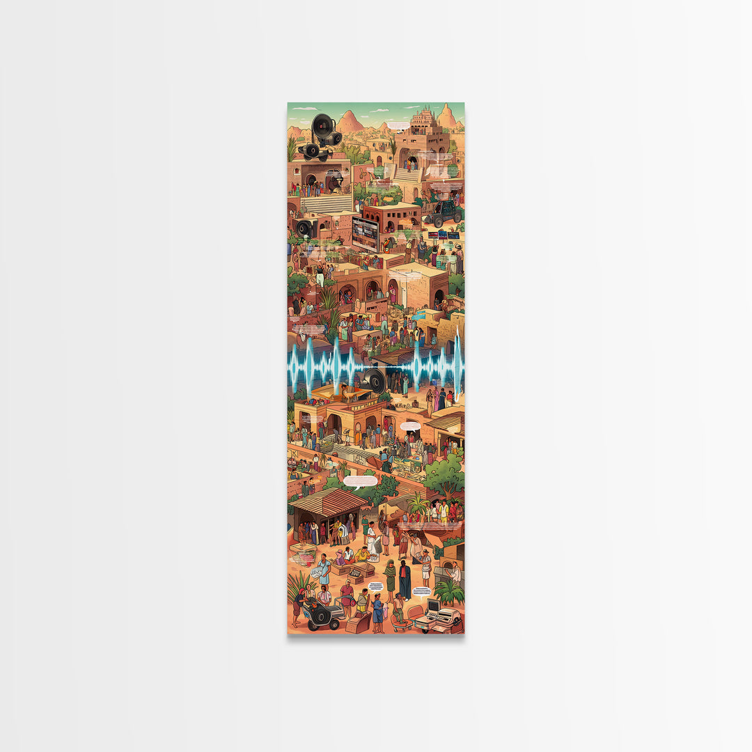 Bustling African Market City Wall Art, Pixel Style Cultural Canvas Decor, Afrocentric Travel Poster, Vibrant Statement Print