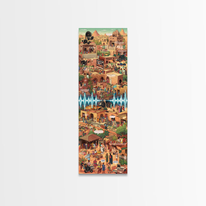 Bustling African Market City Wall Art, Pixel Style Cultural Canvas Decor, Afrocentric Travel Poster, Vibrant Statement Print