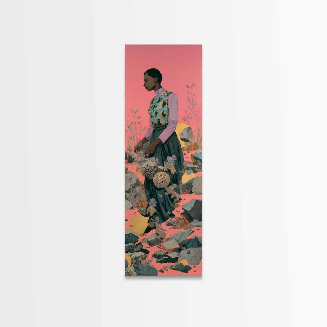 Elegant Black Woman In Floral Garden Framed Canvas Print, African Woman Art, Feminine Wall Decor, Melanin Portrait Gift For Her