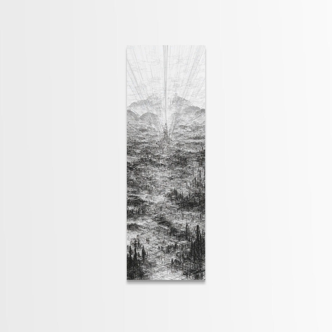 Monochrome Futuristic City Spire Canvas Print, Abstract Urban Architecture Wall Decor, Minimalist Black And White Art Poster