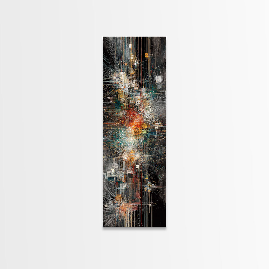 Dark Futuristic City Lights Framed Canvas Print, Abstract Urban Wall Art, Modern Black Gold Teal Statement Decor For Living Room