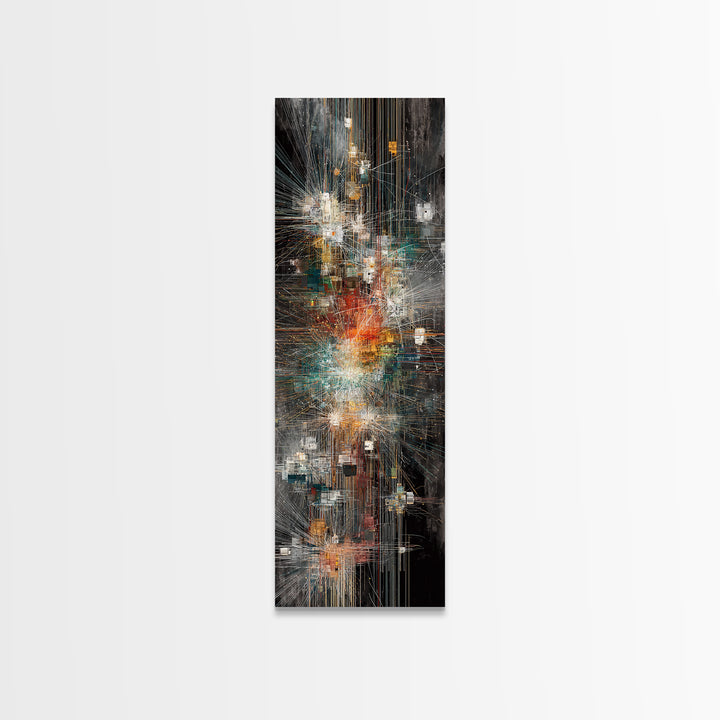 Dark Futuristic City Lights Framed Canvas Print, Abstract Urban Wall Art, Modern Black Gold Teal Statement Decor For Living Room