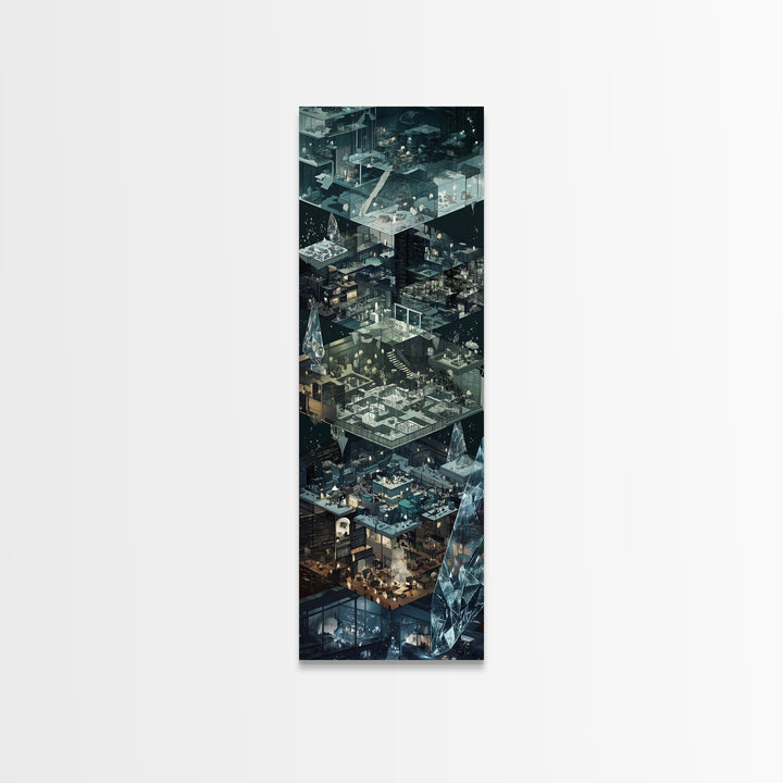 Floating Crystal Interior Architecture Wall Art, Futuristic Isometric Rooms Print, Modern Blue Gray Sci Fi Home Decor Gift