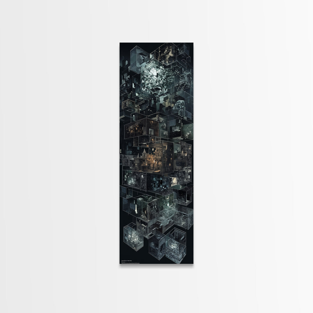 Dark Isometric Cyberpunk City Blocks Canvas Print, Futuristic Architecture Wall Decor, Modern Black Sci Fi Art Poster Gift