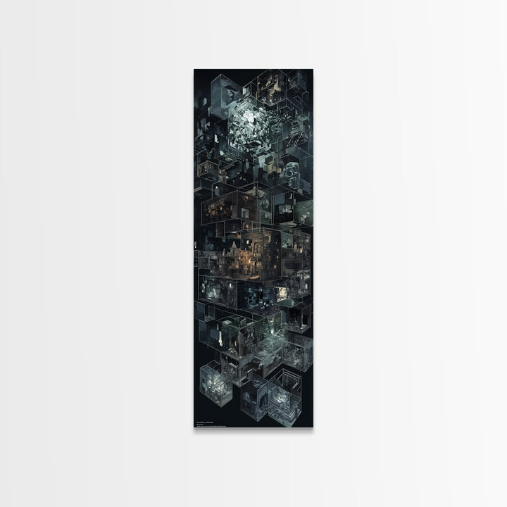 Dark Isometric Cyberpunk City Blocks Canvas Print, Futuristic Architecture Wall Decor, Modern Black Sci Fi Art Poster Gift