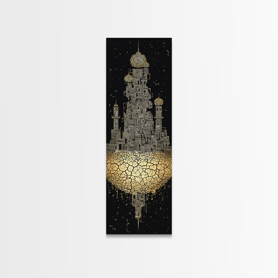 Golden Floating Afro Futurist Castle, Black And Gold African Wall Art, Luxury Canvas Print, Statement Home Decor Gift For Living Room