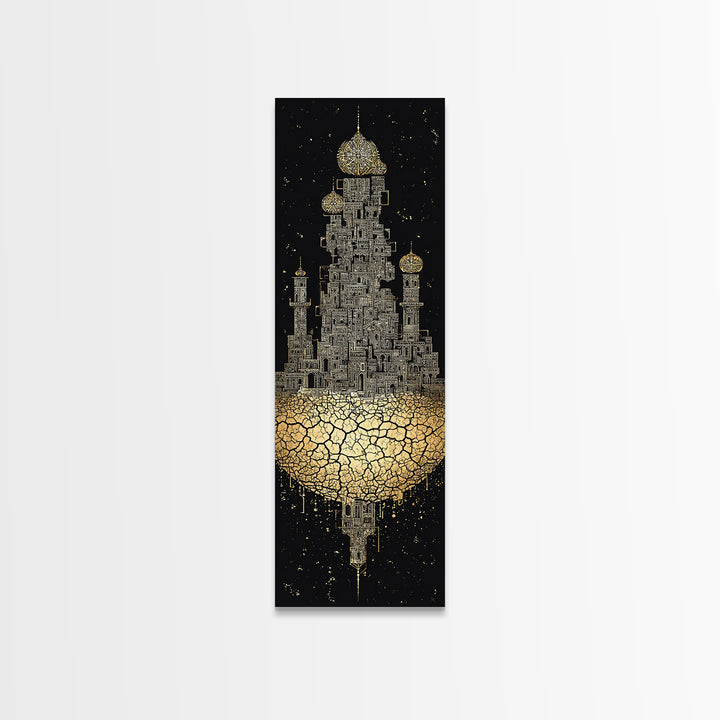 Golden Floating Afro Futurist Castle, Black And Gold African Wall Art, Luxury Canvas Print, Statement Home Decor Gift For Living Room