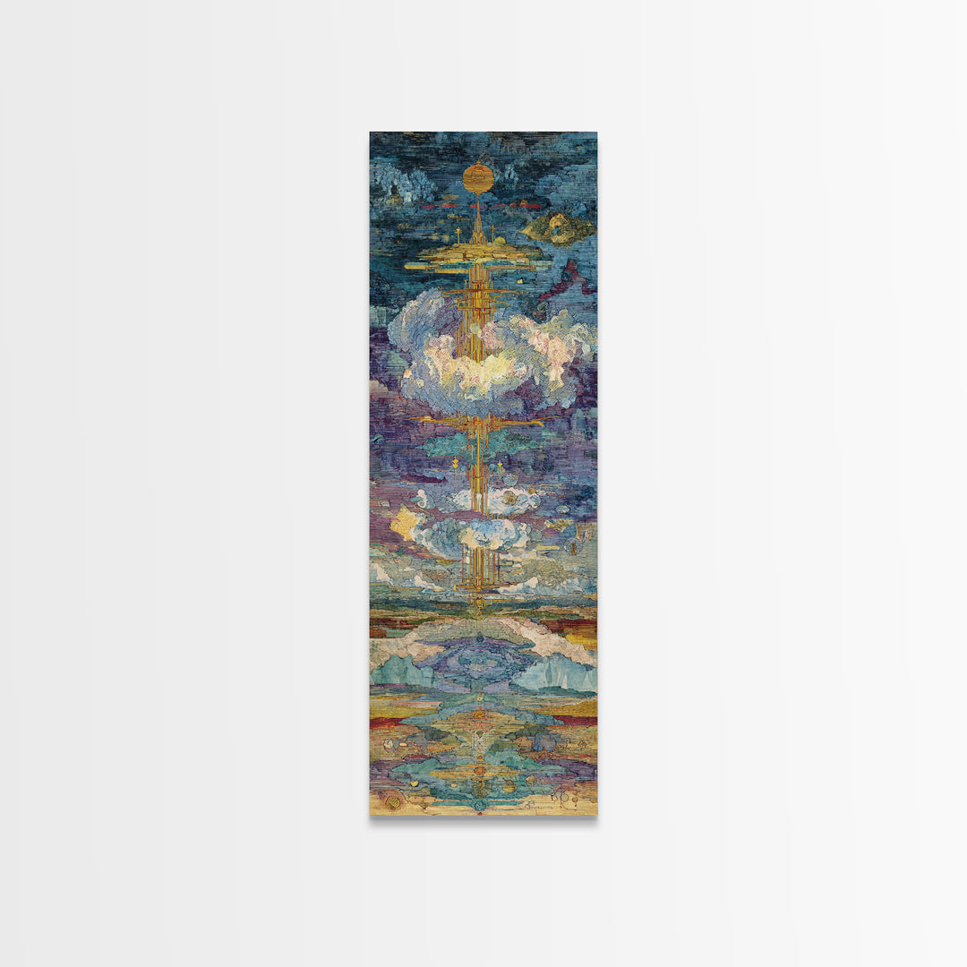 Floating Golden Temple In Clouds Wall Art, Mystical Landscape Art Print, Blue Gold Statement Decor, Modern Canvas Art Gift