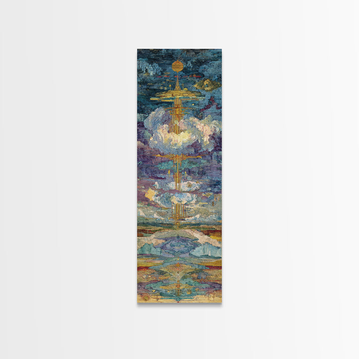 Floating Golden Temple In Clouds Wall Art, Mystical Landscape Art Print, Blue Gold Statement Decor, Modern Canvas Art Gift