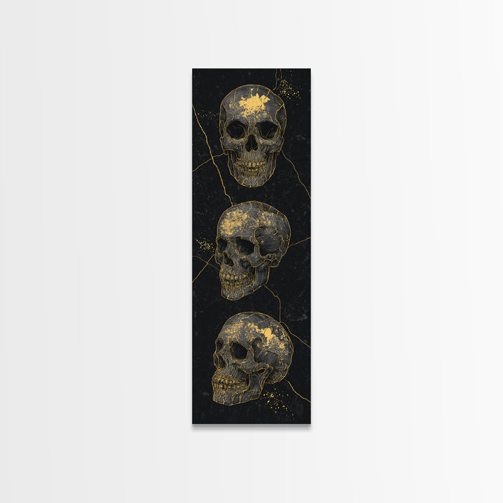 Three Gold Skulls On Black Canvas Print, Gothic Anatomy Wall Art, Dark Luxury Decor, Macabre Statement Gift For Him Home Decor