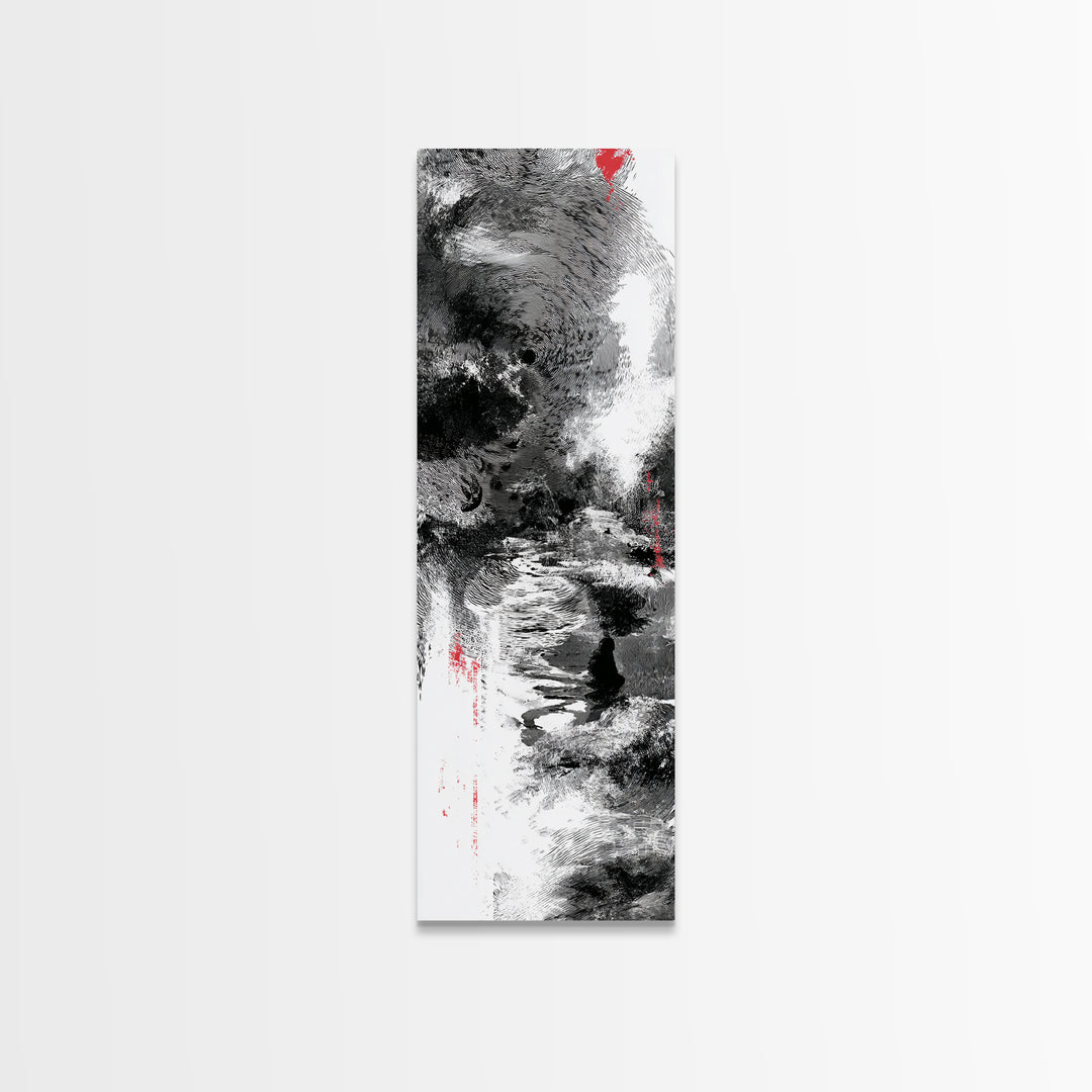 Black And White Abstract River Figure Wall Art, African Abstract Painting, Modern Ink Texture Decor With Red Accents Fine Art Print