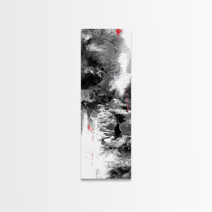 Black And White Abstract River Figure Wall Art, African Abstract Painting, Modern Ink Texture Decor With Red Accents Fine Art Print