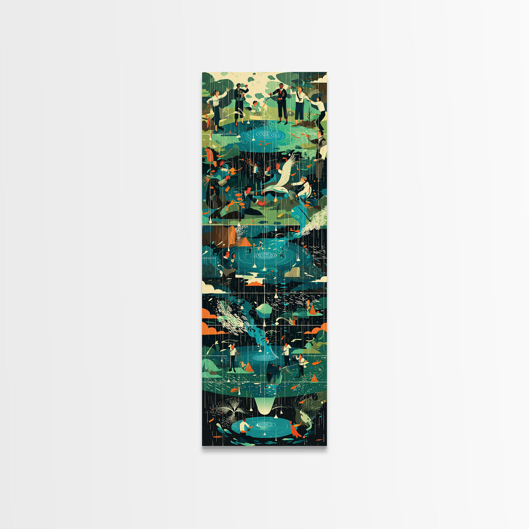 Teal Crane Pond And Rainy Garden Framed Canvas Print, African Inspired Bird Art, Nature Scene Decor For Living Room Wall Gift