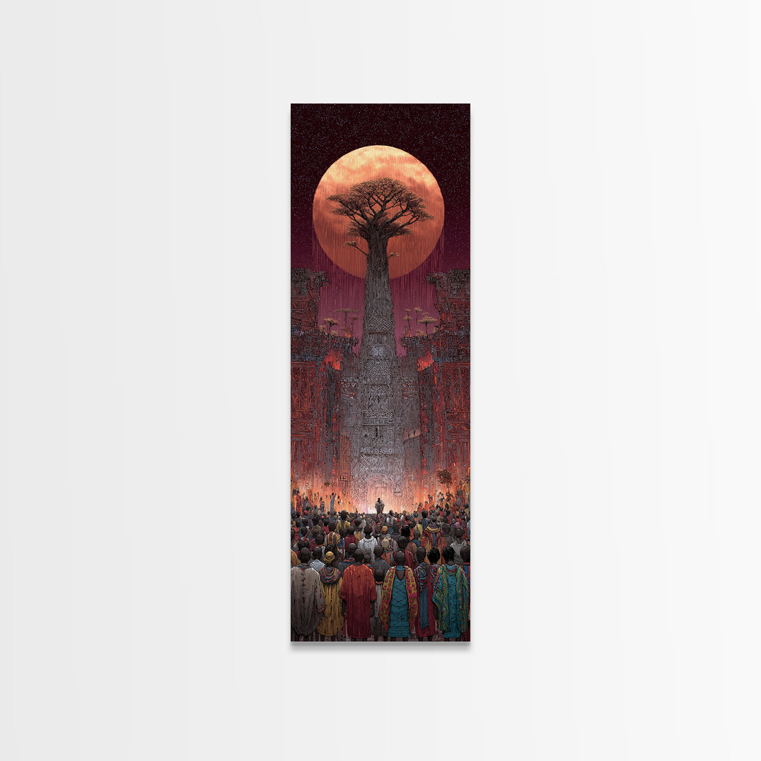 Giant Baobab Tree Beneath Copper Moon Canvas Print, African Landscape Art, Spiritual Tribal Decor, Ancestral Wall Gift Print