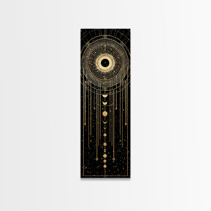 Golden Celestial Eye And Moon Phases Wall Art, African Inspired Spiritual Wall Decor, Mystical Black Gold Canvas Print Gift
