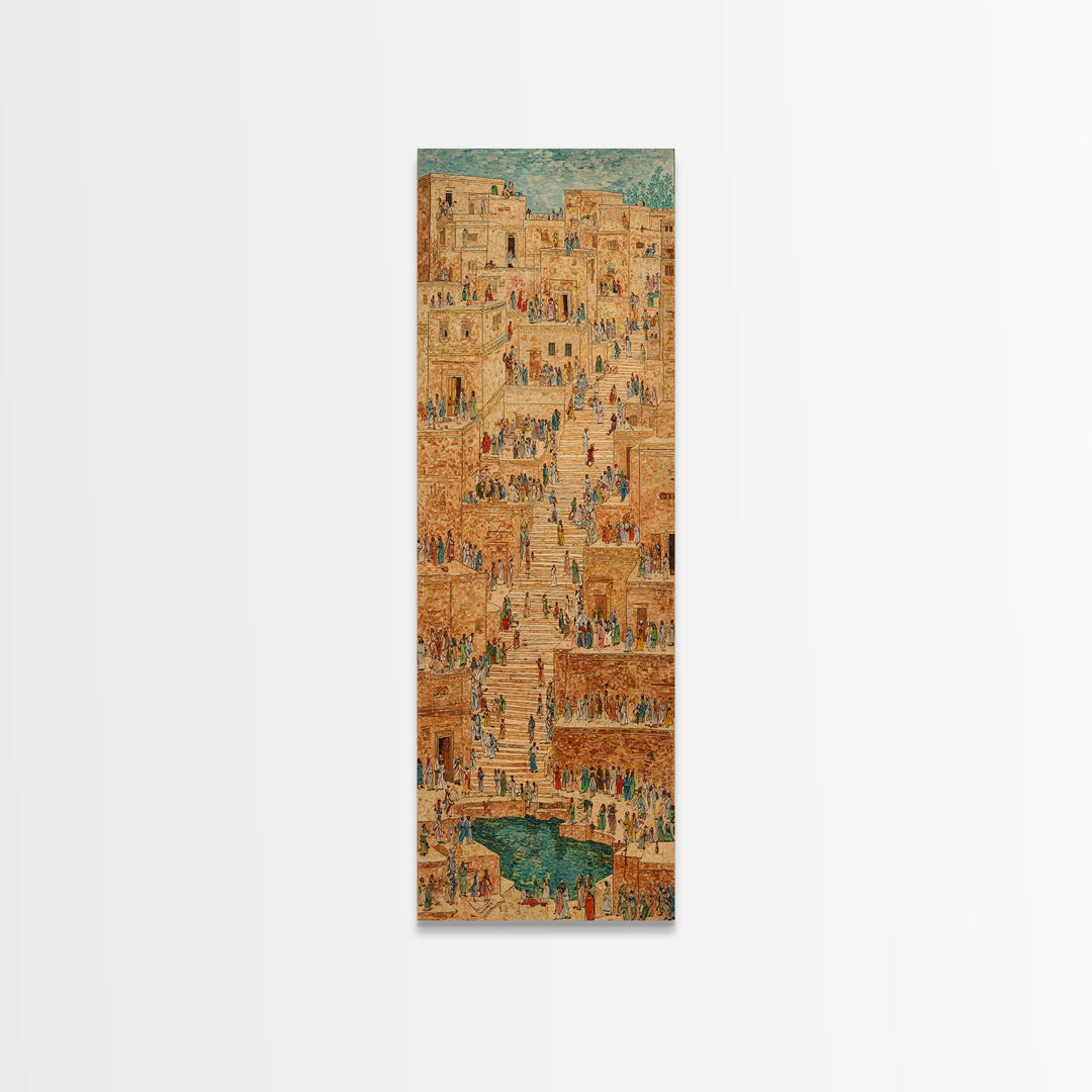 Ancient African Stairway Market Wall Art, Desert Cityscape Canvas Print, Terracotta Cultural Decor, Historic Village Artwork