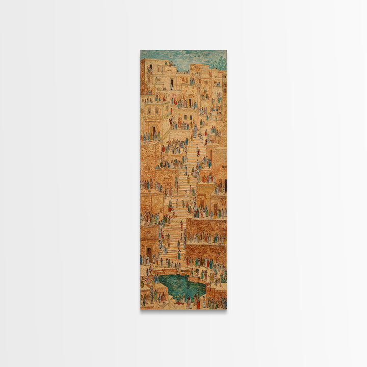 Ancient African Stairway Market Wall Art, Desert Cityscape Canvas Print, Terracotta Cultural Decor, Historic Village Artwork