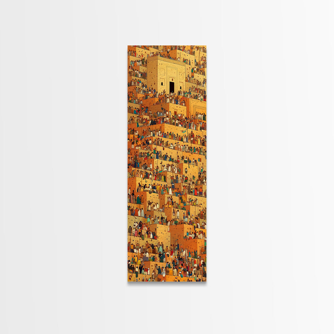 Golden African City Stairs Wall Art, Mud Brick Village Canvas Print, Busy Market Scene, Cultural Home Decor Artwork Poster