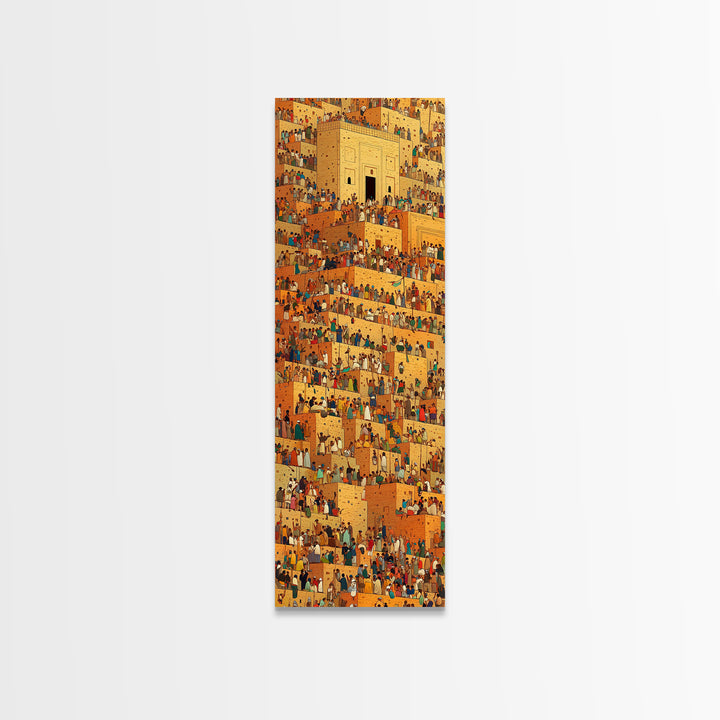 Golden African City Stairs Wall Art, Mud Brick Village Canvas Print, Busy Market Scene, Cultural Home Decor Artwork Poster