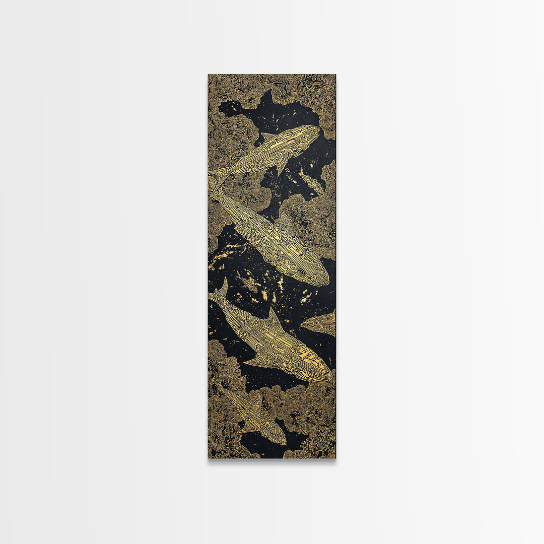 Golden Koi Fish On Black Abstract Wall Art, Luxury Canvas Print, Asian Inspired Decor, Textured Black And Gold Artwork Print