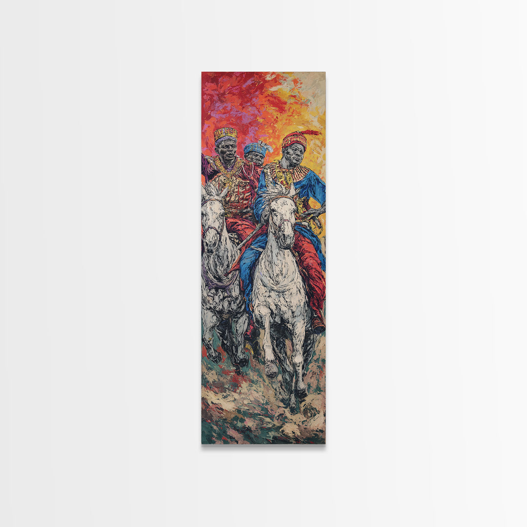Three African Royal Horsemen On White Horses Canvas Print, Afrocentric Wall Art, African Warrior Art, Cultural Home Decor