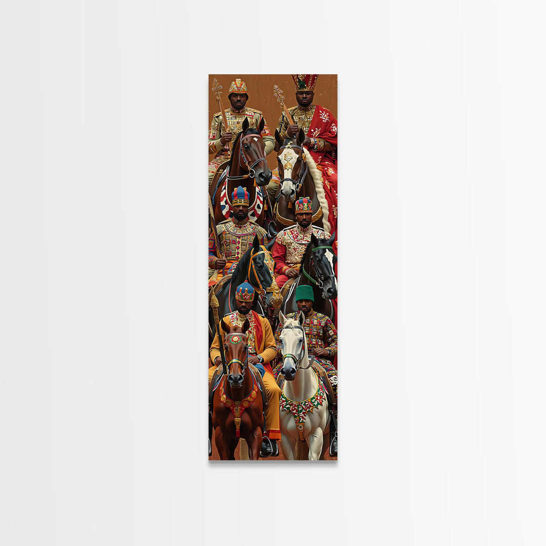 Ornate African Kings Riding Horses Framed Canvas Print, African Portrait, African Warrior Art, Afrocentric Decor, Cultural Wall Art