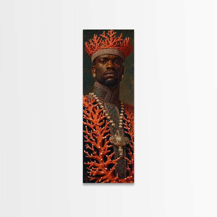 Black King In Coral Crown Portrait Canvas Print, African Portrait Art, Black Man Wall Art, Gold Jewelry Canvas, Luxury Decor