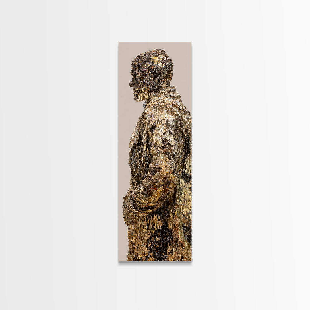 Shimmering Gold Male Figure Framed Canvas Print, Modern African Art, Abstract Portrait Wall Art, Luxury Black Art Decor Gift